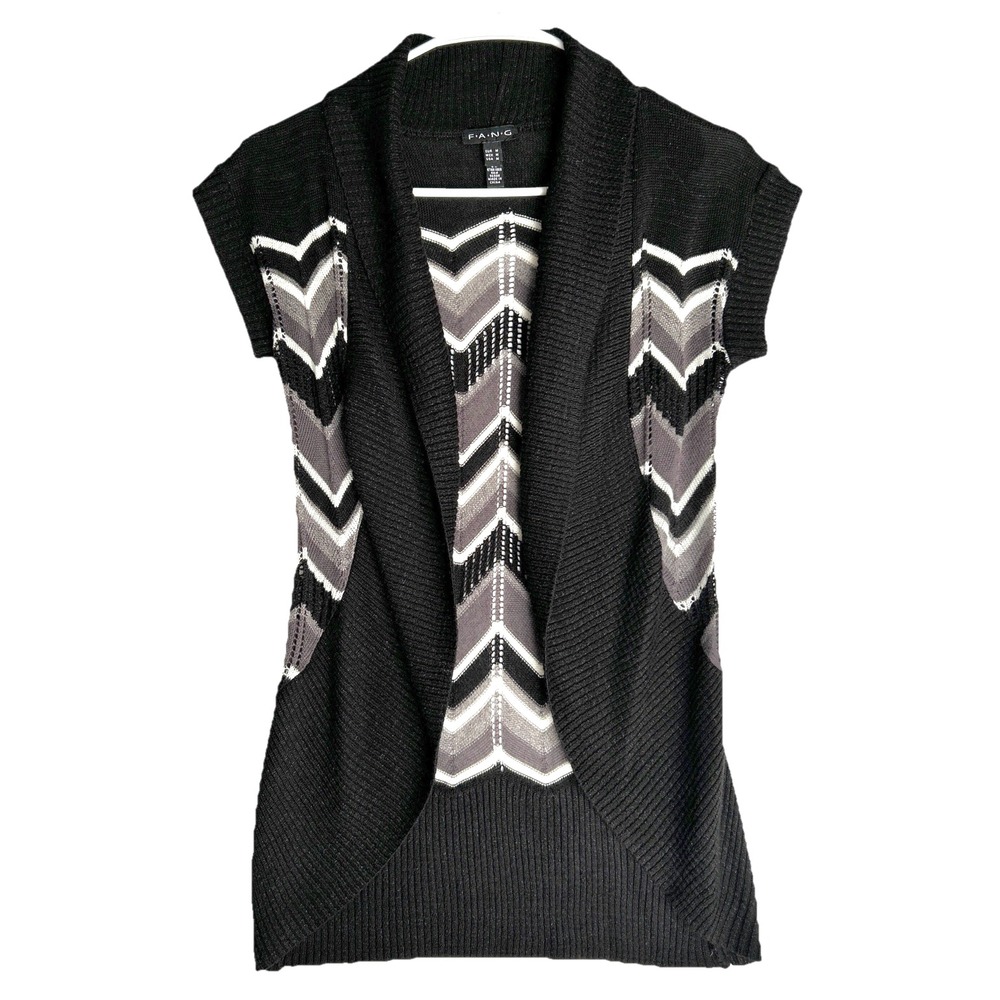 Y2k FANG Chevron Shrug Cardigan Long Curve Hem Pointelle Knit Cap Sleeve Women M